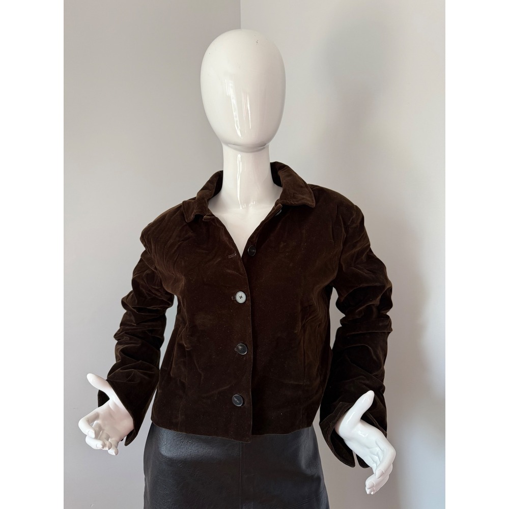 Brown Velvet Cropped‎ Short Blazer Button Down Collared Fitted Retro Style - Picture 2 of 7
